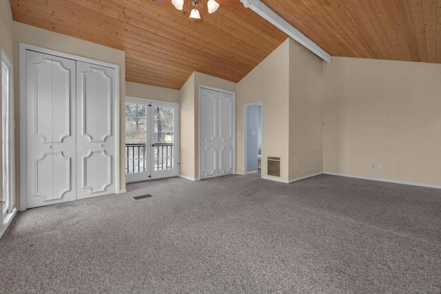 interior space with high vaulted ceiling, wooden ceiling, ceiling fan, and carpet