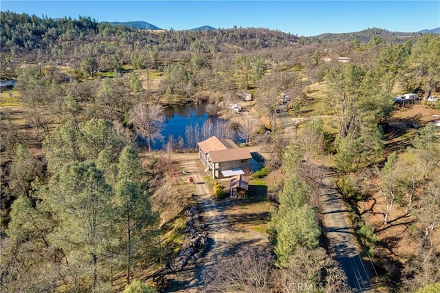 drone / aerial view featuring a water and mountain view