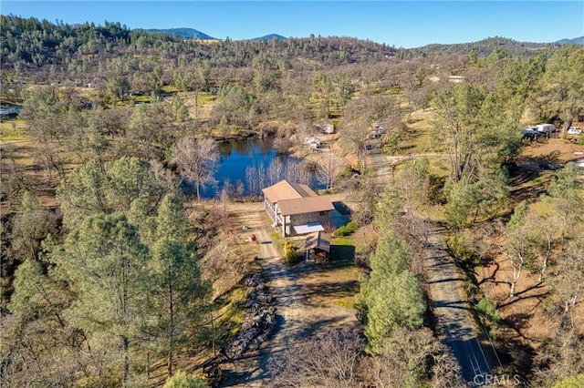 birds eye view of property with a forest view and a water and mountain view