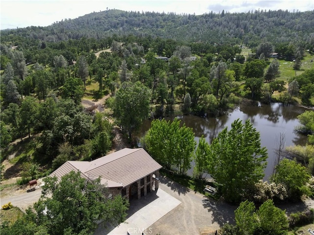 drone / aerial view featuring a water view and a wooded view