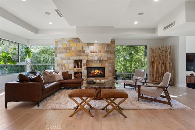 living room featuring a fireplace, a raised ceiling, and light hardwood / wood-style flooring