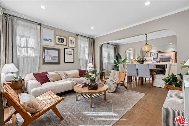 living room with crown molding, hardwood / wood-style flooring, and plenty of natural light