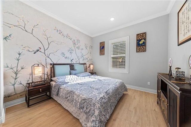 bedroom with crown molding and light wood-type flooring