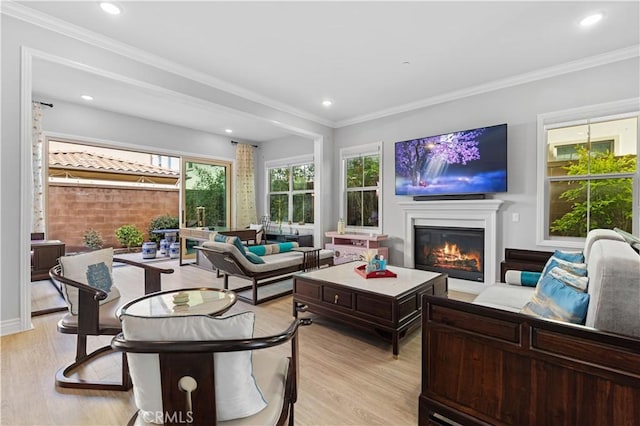 living room with ornamental molding and light wood-type flooring