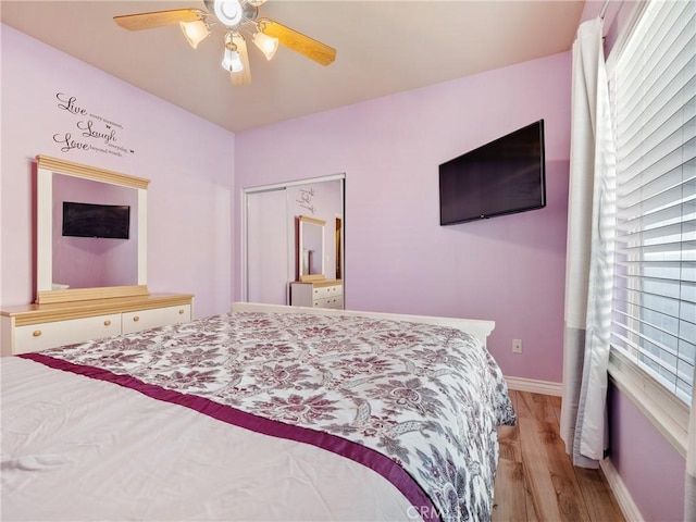 bedroom with multiple windows, light hardwood / wood-style floors, ceiling fan, and a closet