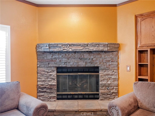 details featuring crown molding and a stone fireplace