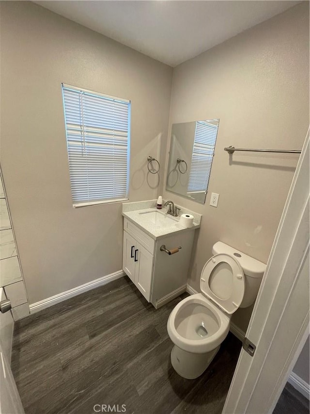 bathroom with vanity, hardwood / wood-style floors, and toilet