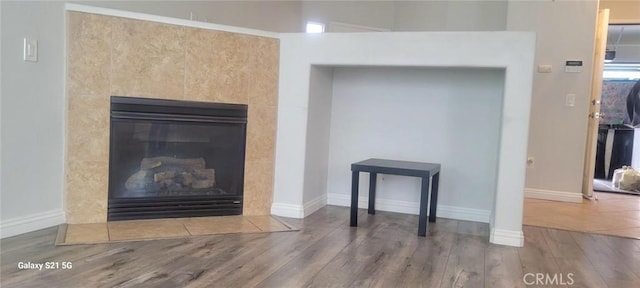 room details with hardwood / wood-style flooring and a fireplace