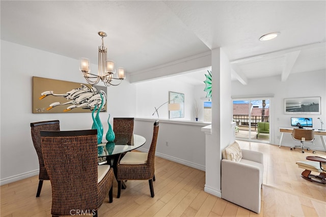 dining space featuring a notable chandelier, light hardwood / wood-style floors, and beamed ceiling