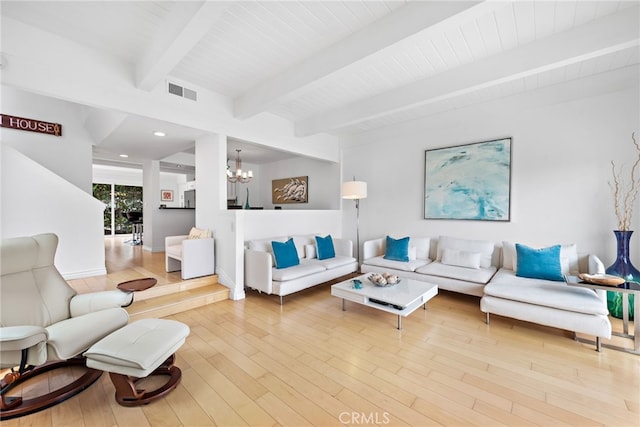 living room with beamed ceiling, wood-type flooring, and a notable chandelier