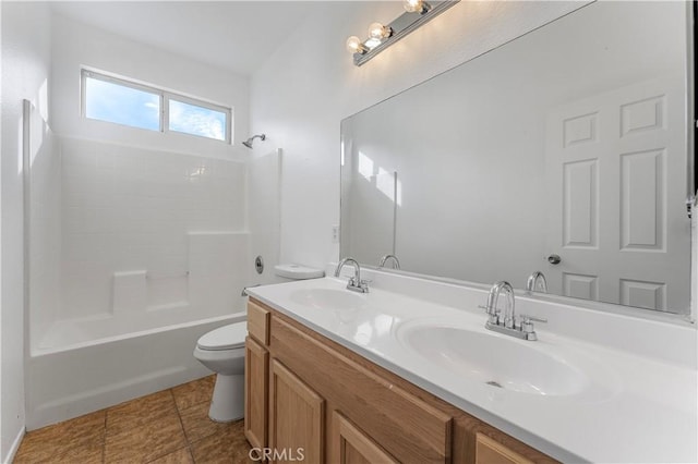 full bathroom featuring vanity, toilet, and washtub / shower combination