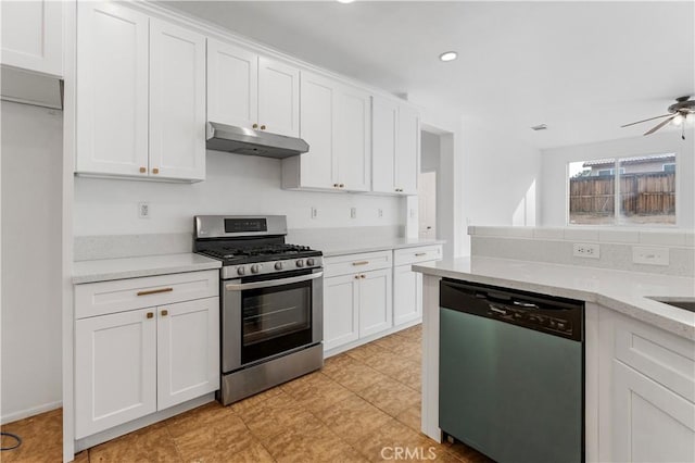 kitchen with white cabinetry, ceiling fan, appliances with stainless steel finishes, and light stone countertops