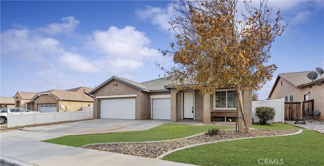 ranch-style house with a garage and a front lawn