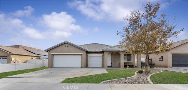 ranch-style house with a garage and a front lawn