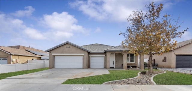 ranch-style house with a garage, driveway, a tiled roof, fence, and stucco siding