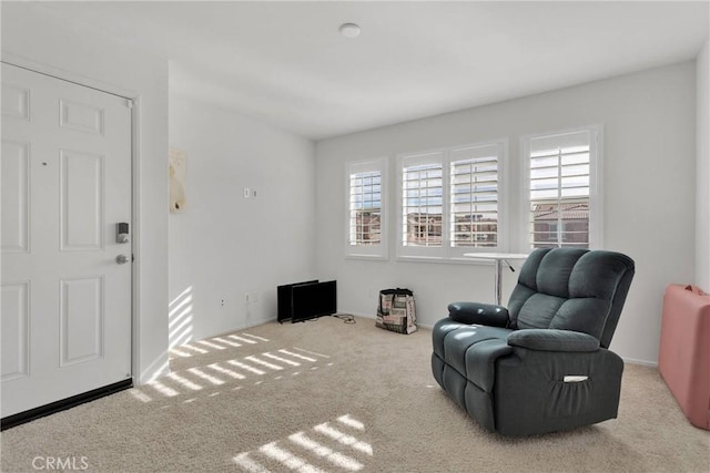 sitting room featuring light colored carpet