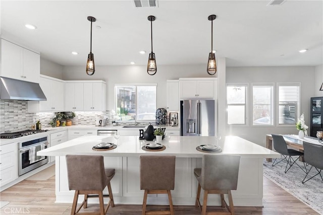 kitchen with appliances with stainless steel finishes, a center island, a breakfast bar area, and white cabinets