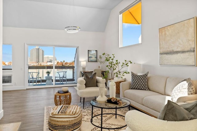 living room with lofted ceiling and hardwood / wood-style floors