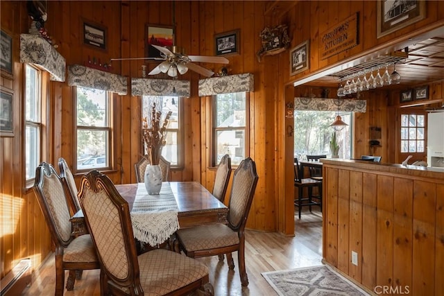 dining room with plenty of natural light and wooden walls