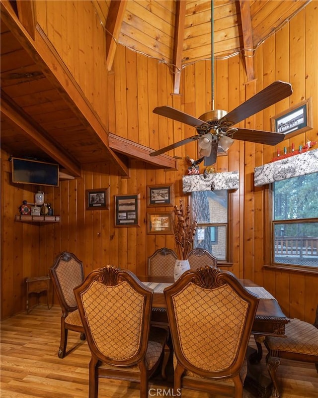 dining space with beamed ceiling, plenty of natural light, and wooden walls