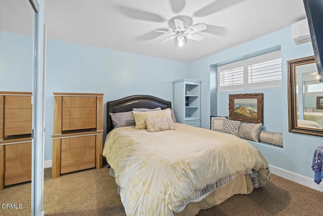 bedroom featuring ceiling fan, light carpet, and a wall unit AC