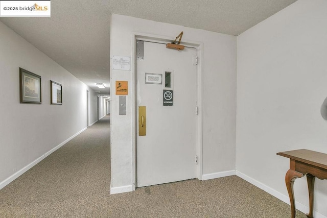 hall featuring carpet and a textured ceiling