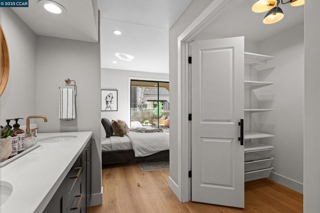 bathroom featuring hardwood / wood-style flooring and vanity