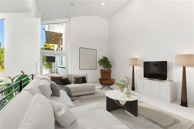 living room with beam ceiling