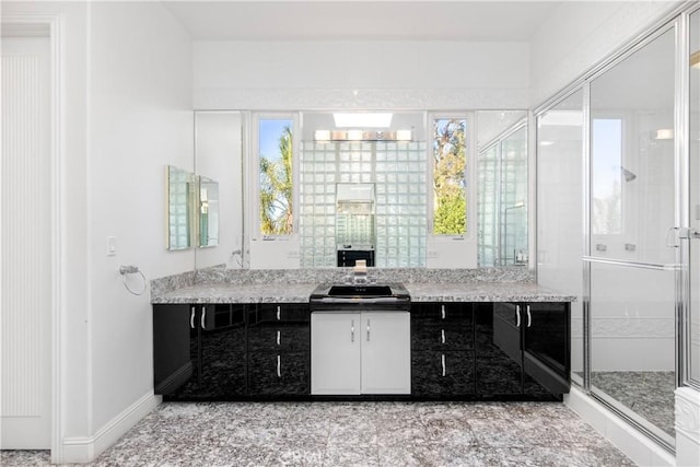 bathroom featuring vanity and a shower with shower door