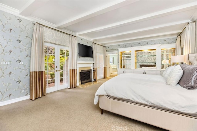 bedroom featuring french doors, access to exterior, crown molding, light colored carpet, and beam ceiling