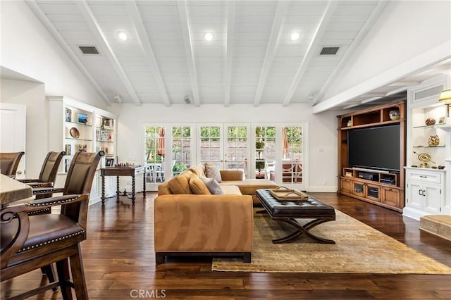 living room featuring dark wood-type flooring, high vaulted ceiling, and beamed ceiling