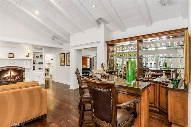 bar with wood ceiling, dark hardwood / wood-style floors, and lofted ceiling with beams