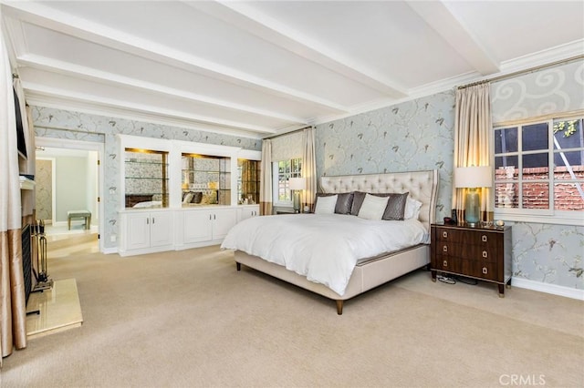 bedroom with light carpet, beam ceiling, and crown molding