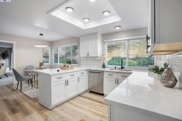 kitchen with white cabinetry, dishwasher, and kitchen peninsula