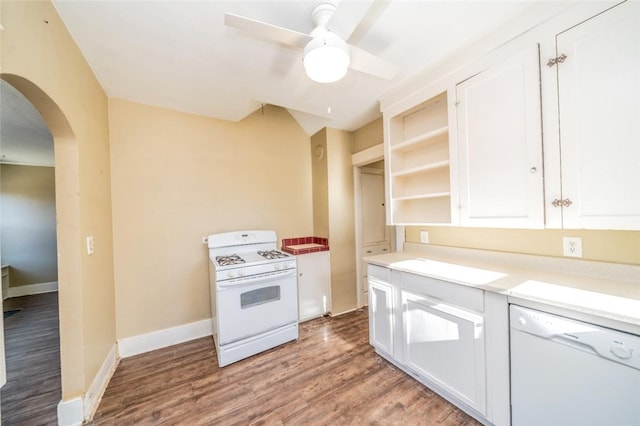 kitchen with white cabinetry, white appliances, wood-type flooring, and ceiling fan