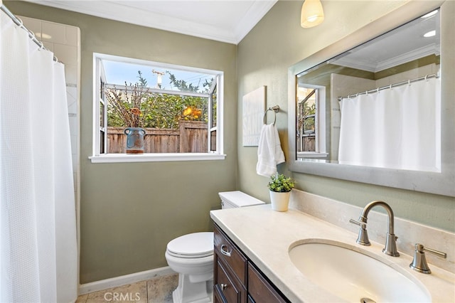 bathroom with toilet, crown molding, vanity, a shower with shower curtain, and tile patterned flooring