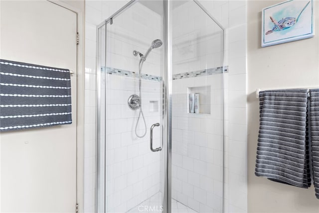 bathroom featuring a shower with shower door