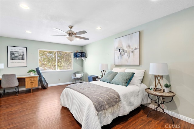 bedroom featuring dark hardwood / wood-style floors and ceiling fan