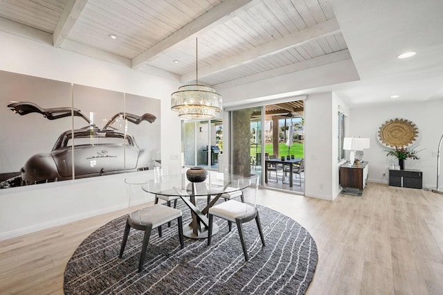 dining area featuring hardwood / wood-style floors, wooden ceiling, and beam ceiling