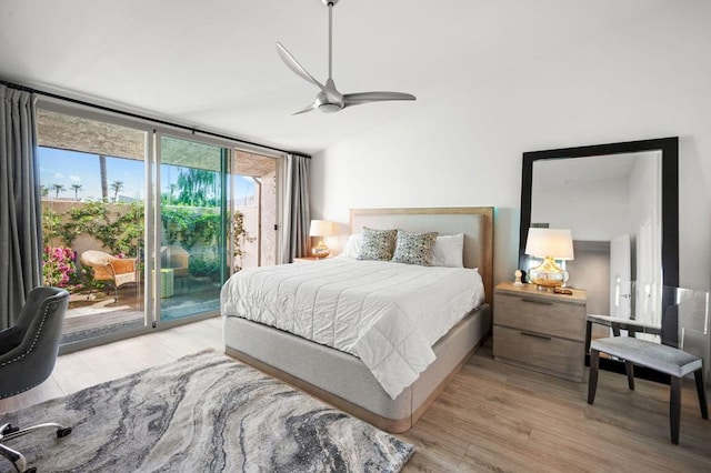 bedroom with ceiling fan, floor to ceiling windows, access to exterior, and light wood-type flooring