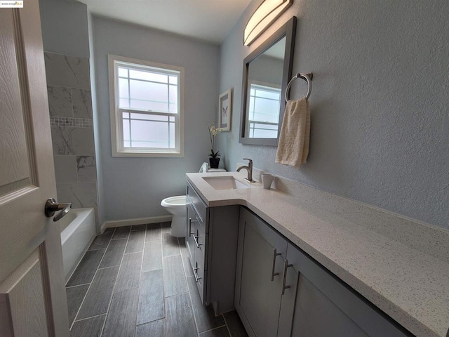 full bathroom featuring bathtub / shower combination, vanity, and toilet