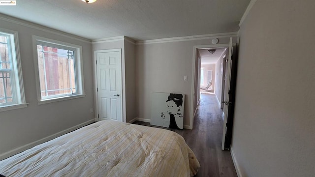 bedroom with ornamental molding and dark hardwood / wood-style flooring