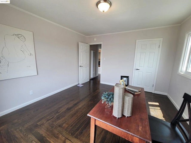 office area with crown molding and dark parquet floors