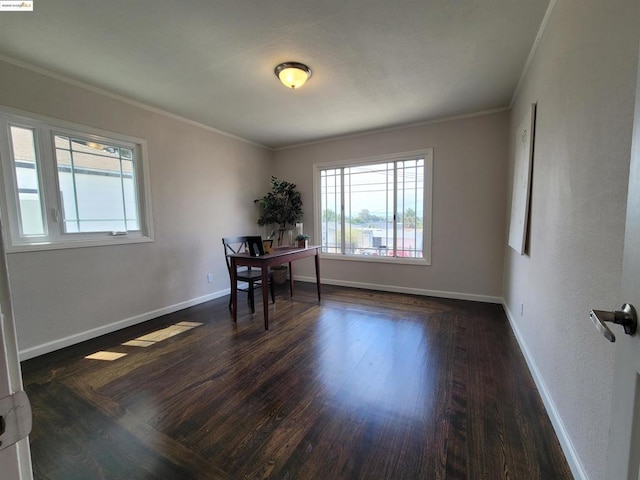 office area featuring dark hardwood / wood-style flooring and crown molding