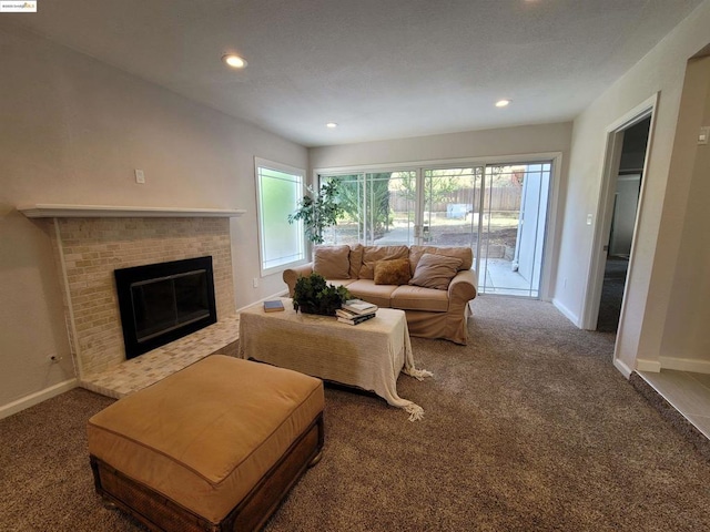 living room featuring a fireplace and carpet floors