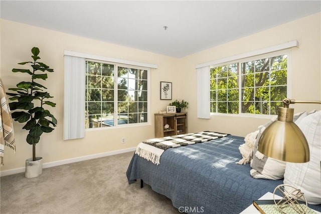 bedroom with multiple windows and light colored carpet