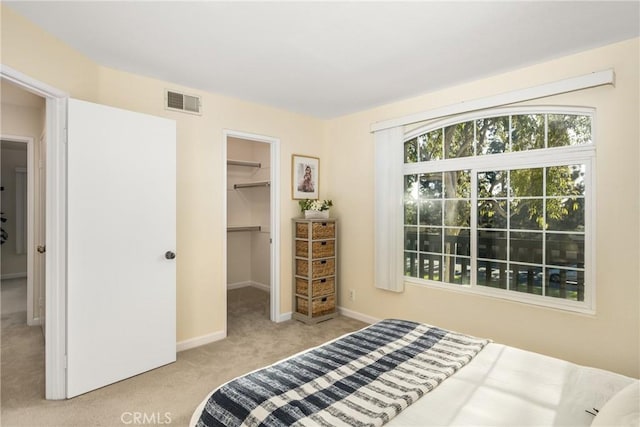 carpeted bedroom with a walk in closet and a closet