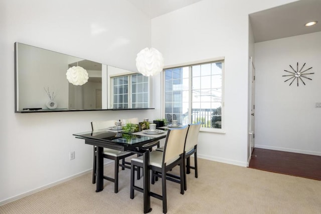 dining area with light colored carpet