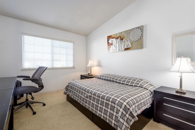 bedroom featuring carpet flooring and vaulted ceiling