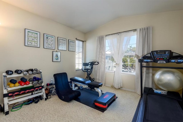 exercise room featuring lofted ceiling